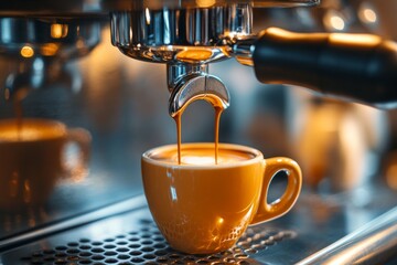 Coffee machine pouring espresso into yellow cup: close-up of coffee preparation