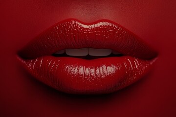 Obraz premium Close-up of red lips showing white teeth and glossy lipstick
