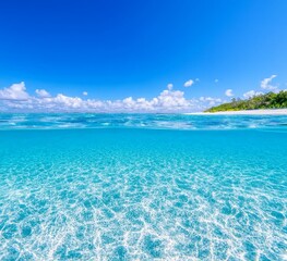Split view over and under the water surface of a Mediterranean sea with a blue sky and a sand bottom