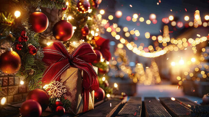 festive scene featuring beautifully wrapped gift surrounded by holiday decorations, including ornaments and twinkling lights, creating warm and joyful atmosphere