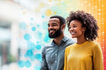 Fototapeta premium Young couple smiling together against a colorful abstract background in a modern environment