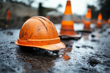Orange safety helmet lying on wet asphalt road at construction site