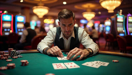 Focused player at a vibrant poker table, embodying confidence and excitement in a casino scene.

