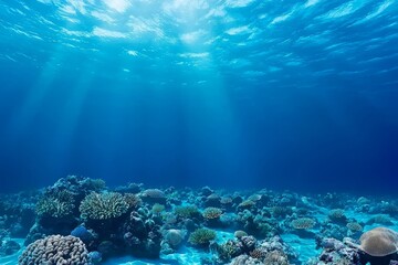 Fototapeta premium Deep blue sea and beautiful light rays with sandy floor under water Stock Image