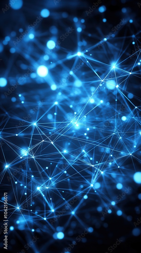 Poster abstract digital network with glowing blue particles interconnected by lines, representing technolog