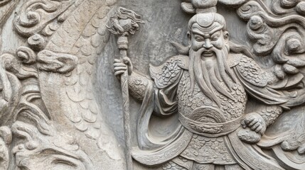 A close-up of a detailed stone carving depicting a mythical figure holding a staff. The intricate design showcases the artistry and cultural significance of the sculpture.