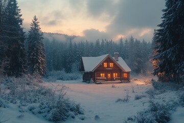 Cozy wooden cabin glowing in snowy winter wonderland at dusk