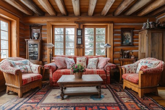 Cozy bohemian living room with wicker furniture and persian rug