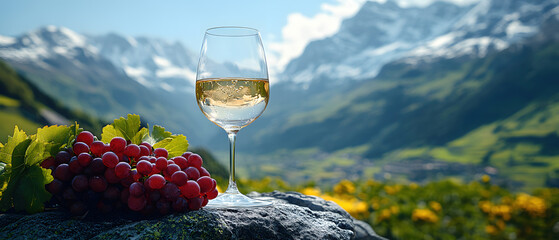 Alpine Wine Tasting: A glass of crisp white wine rests on a rock alongside a bunch of ripe red grapes, with a breathtaking panorama of snow-capped Alps in the background.