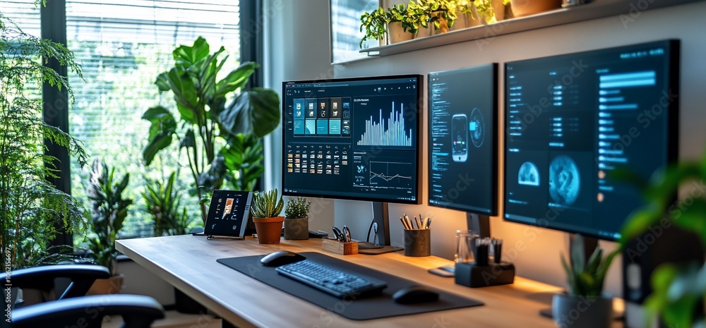 Poster A modern office workspace with three monitors displaying data and graphs, a keyboard and mouse on a desk, and potted plants.