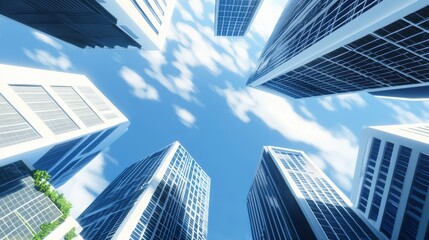Obraz premium Sustainable city impact, buildings with solar panels and wind turbines, green innovation, 3D illustration