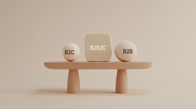 Minimal 3D render showcasing blocks labeled B2B, B2C, and B2B2C