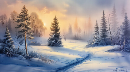 Obraz premium serene winter landscape featuring snow covered trees and tranquil path. soft light of dawn creates peaceful atmosphere, inviting viewers to experience beauty of nature