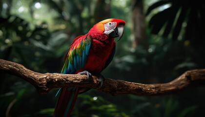 Vibrant parrot perched on a branch, tropical rainforest backdrop, colorful nature, 3D illustration, isolated on white background