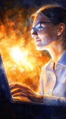 A Young Professional Engages with Innovative Technology While Illuminated by a Dazzling Screen Glow