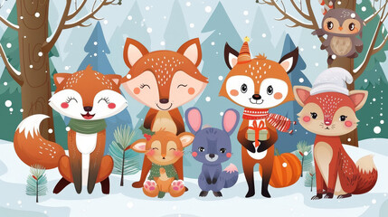 Obraz premium Whimsical cartoon animals gather in snowy forest, showcasing joyful winter scene filled with playful expressions and festive attire