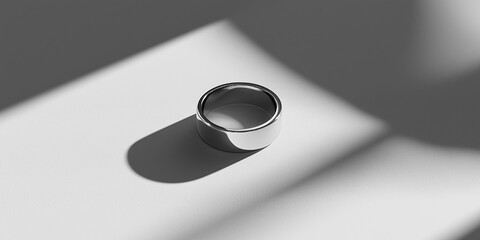 A sleek wedding band placed on the side of a matte white background, showcasing its smooth design and modern appeal