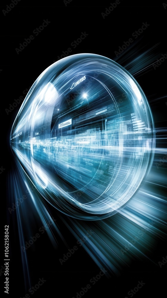 Poster abstract image of a glowing lens with dynamic light trails, representing speed and technology in a m
