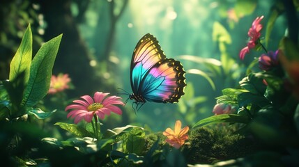 A Vibrant Butterfly Perched on a Pink Flower in a Lush Green Forest