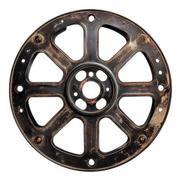 A close-up of a worn, black metal wheel showcasing its unique design and patina, emphasizing industrial aesthetics and mechanical elements.