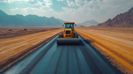 asphalt roller machine paving a smooth road, infrastructure progress under a clear sky