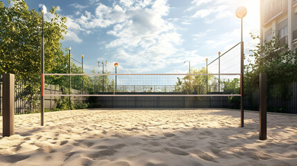 A sandy volleyball court with a net, surrounded by bushes and a clear blue sky in the background.