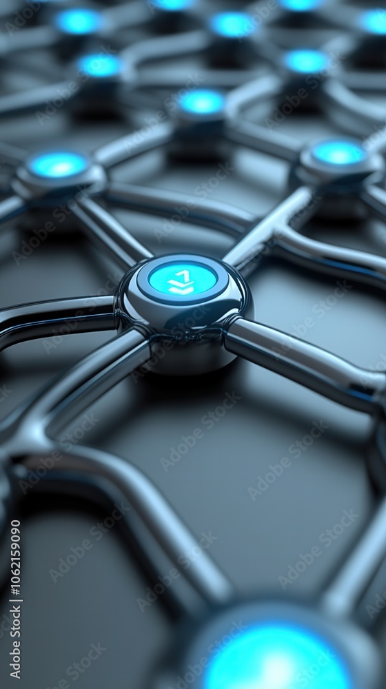 Poster abstract network with glowing blue nodes and interconnected lines, representing technology and digit