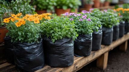 Colorful flower pots arranged on wooden shelves in a garden center