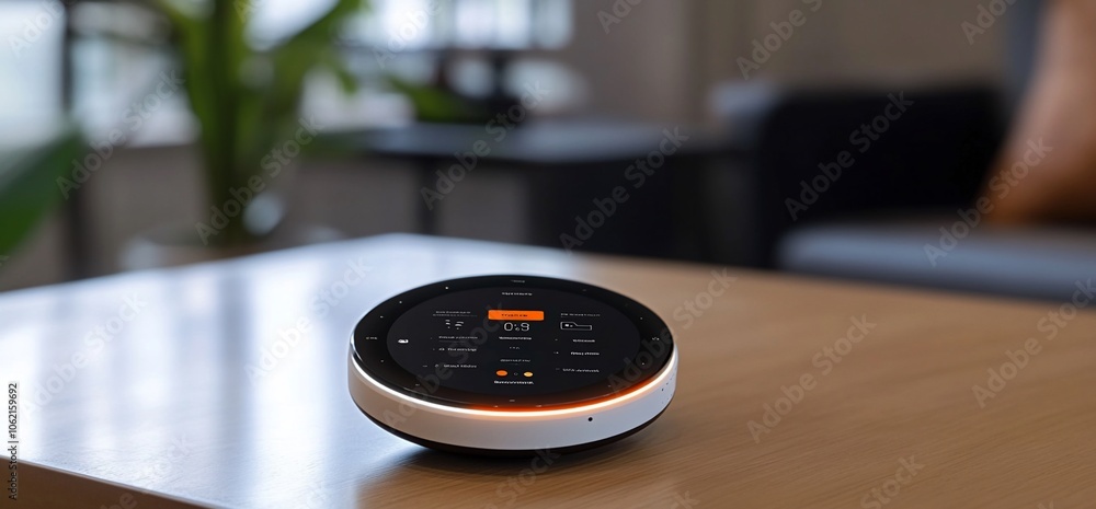 Aufkleber A modern smart home device with a touch screen display and orange glow sits on a wooden table in a living room.