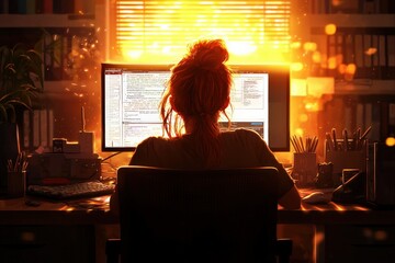 A Woman Engages in Creative Work at Her Computer Desk While the Sun Sets Behind Her Illuminating the Space with Warm Light