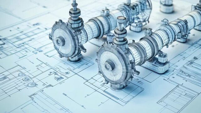 Industrial pipe, valve and hand wheel in a 3d wireframe projection. Industrial blueprint concept.