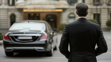 Driver Waiting Outside Upscale Hotel with Name Sign Exclusive Service