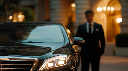 Driver Waiting Outside Upscale Hotel with Name Sign