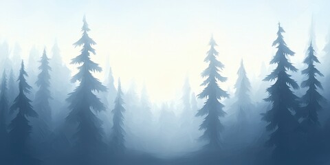 Misty forest landscape with tall evergreen trees under soft morning light.