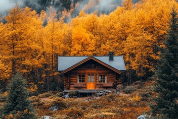 Cozy wooden cabin nestled in a vibrant autumn forest