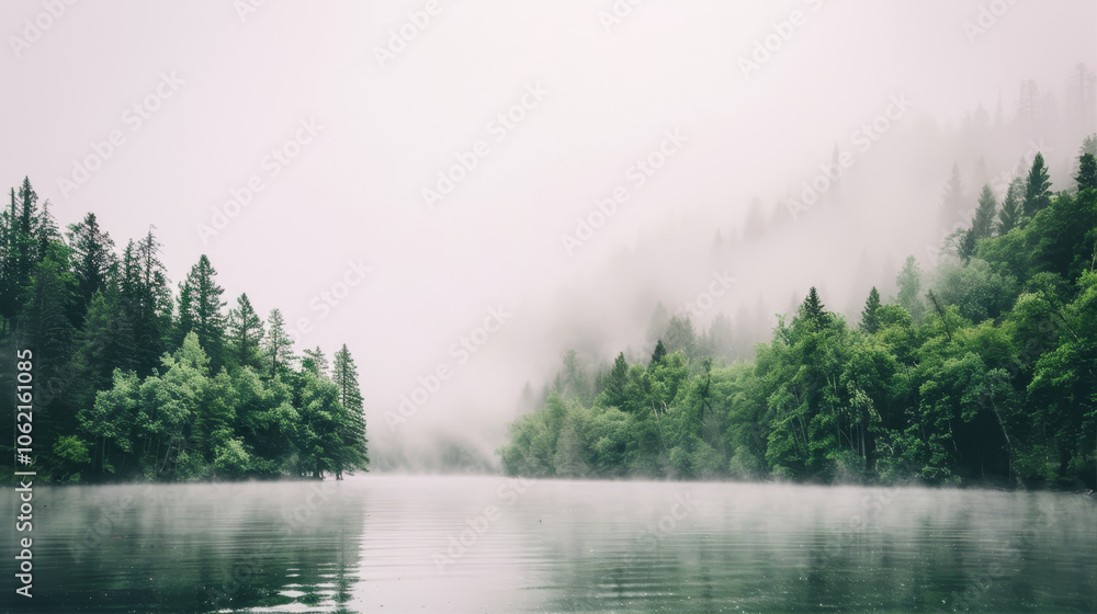 Canvas Prints Forest reflected in the lake on a foggy morning
