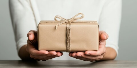 Person presenting a beautifully wrapped gift box with a bow, neutral background.