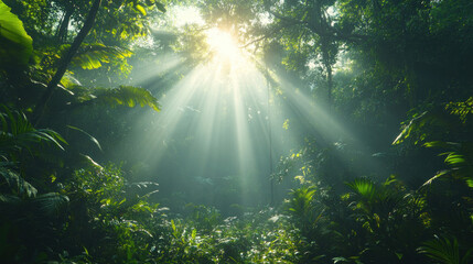 dense green forest with sunlight filtering through, pristine natural environment symbolizing conservation