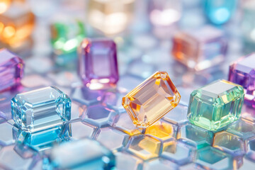 Colorful glass gems arranged on a reflective surface in soft lighting