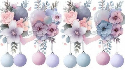 Elegant watercolor illustration featuring holiday ornaments and floral elements, creating serene and festive atmosphere. Perfect for seasonal decor and celebrations