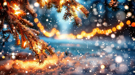 Naklejka premium serene winter wonderland scene featuring snow covered pine branches adorned with warm glowing lights, creating magical atmosphere filled with falling snowflakes