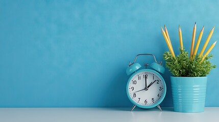 A clean and bright desk setting featuring stationery elements with a plant and clock against a charming light blue background for your creative needs