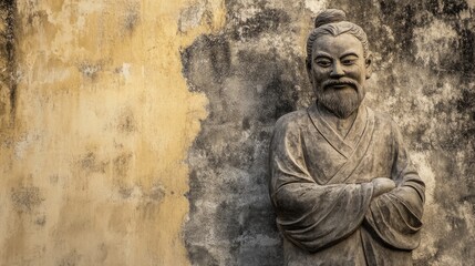 Obraz premium A weathered stone statue of a man with a beard, his arms crossed, stands against a faded yellow wall. for philosophy quotes, copy space