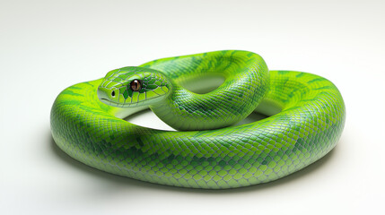 Fototapeta premium A vividly colored green snake rests in a coiled position, emphasizing its smooth scales and vivid patterns against a neutral background, creating a captivating natural display.