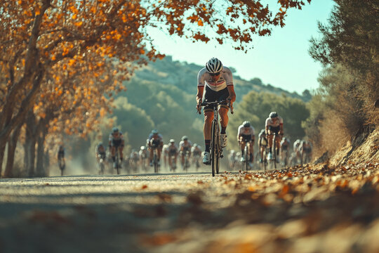Professional cyclist leading peloton on country road in autumn