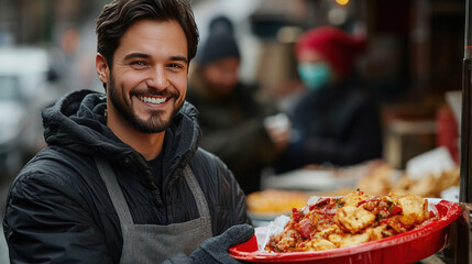 food delivery driver handing a customer a hot meal, friendly and reliable service in a city setting