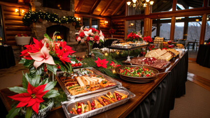 beautifully arranged Christmas buffet table filled with festive treats, vibrant flowers, and holiday decorations, creating warm and inviting atmosphere for celebration