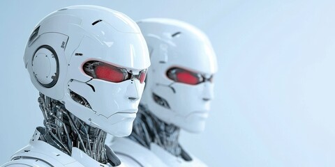 Fototapeta premium Robot heads with red eyes on a white isolated background.