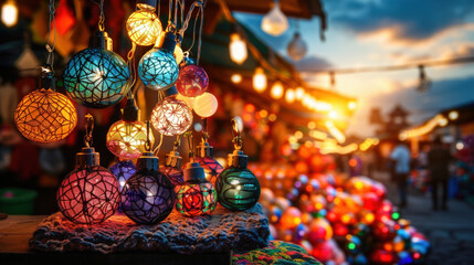 Naklejka premium Colorful ornaments hang at outdoor winter festival, creating vibrant atmosphere filled with festive lights and decorations. scene captures joy and warmth of holiday season