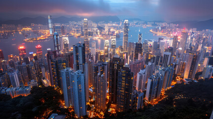 Fototapeta premium stunning cityscape at night, showcasing vibrant skyline filled with illuminated skyscrapers and bustling harbor. scene captures essence of urban life and energy